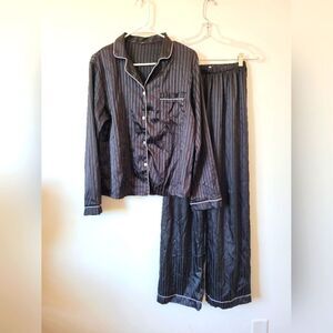 Black Satin Pajamas Women's Small Pinstripe Nightie Sleepwear Sleepover Sexy
